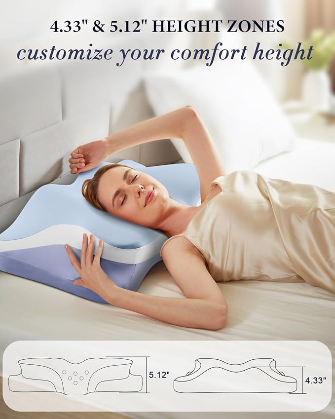Cervical Pillow for Neck Pain Relief, Cooling Ergonomic Memory Foam Pillows for Sleeping with Luxury Anti-pilling Pillowcase, Contour Orthopedic Neck Support Pillow for Side Back Stomach Sleepers-Blue