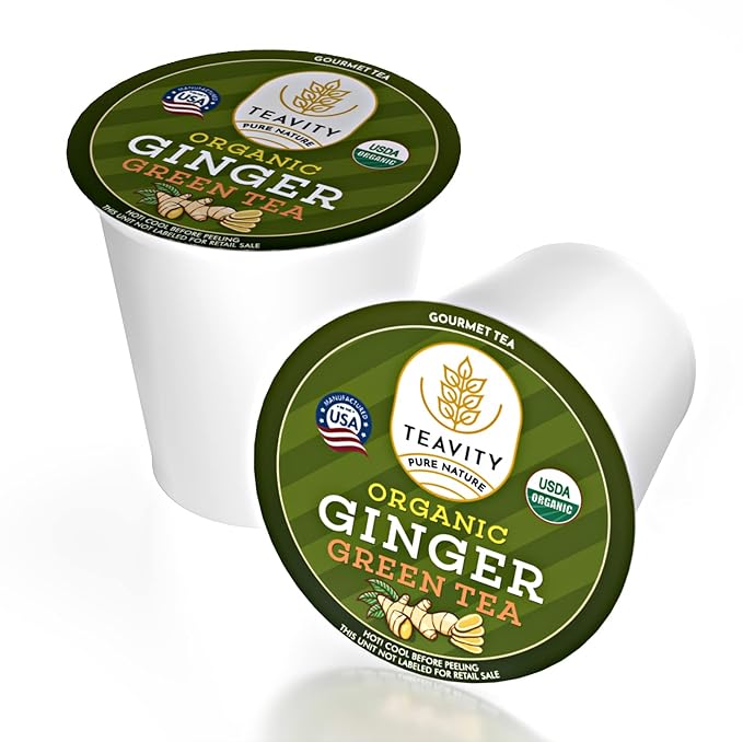 Green Tea & Ginger Tea Pods for Keurig - Caffeinated, Organic, Dye Free, Unsweetened, Herbal Blend for K Cup Machines - Hot or Iced (12 Tea Pods)