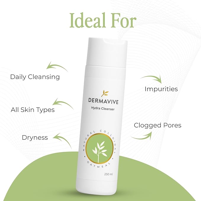 Dermavive Hydrating Facial Cleanser, Soap-Free Gentle Cleanser with Colloidal Oatmeal & Vitamin E, Soothes & Moisturizes Dry Sensitive Skin, Suitable for All Skin Types, 250ml (8.5oz)