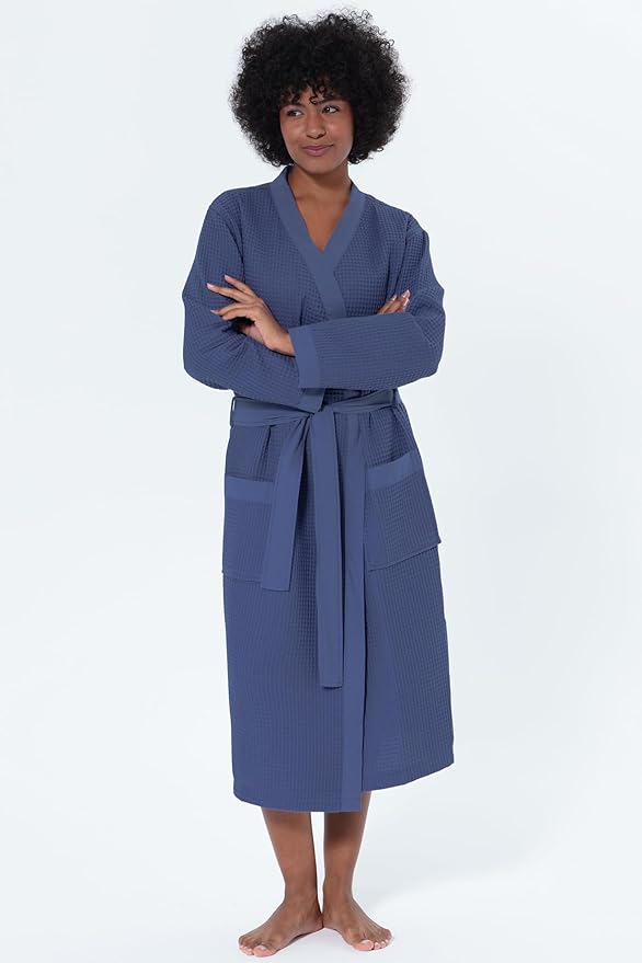 SEYANTE Women’s Luxury Waffle Shawl Collar, Hooded Robe w Piping – Lightweight, Long, Ultra Soft Spa Sleepwear Bathrobe