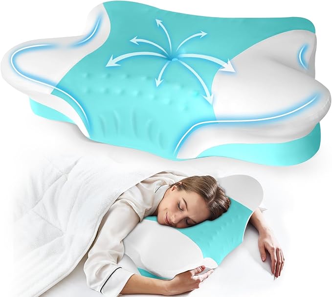Cervical Neck Pillows with Memory Foam - Ergonomic Neck Support Pillows for Pain Relief Contour Memory Foam - Adjustable Orthopedic Bed Pillows with Cooling Pillowcase for Sleeping - Green