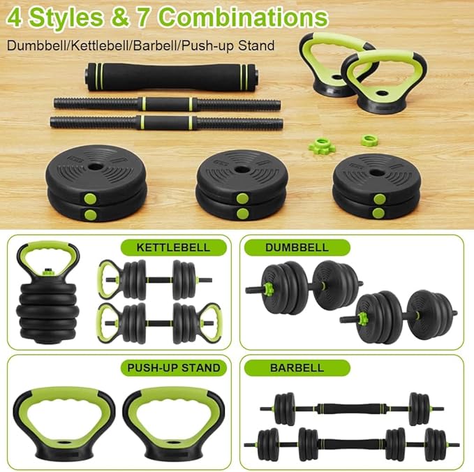 Adjustable Dumbbell Set, 30/44/66/88Lbs Free Weight Set with Connector, 4 In1 Dumbbells Set Used As Barbell, Kettlebells, Push Up Stand,Green and Black