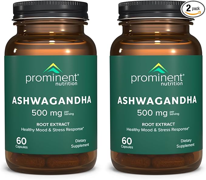 Prominent Nutrition Ashwagandha Supplement - Clinically Researched Shagandha Root Extract for Healthy Mood & Stress Support, Standardized to 2.5% Withanolides, 500 mg, 60 Vegan Capsules - 2 Pack
