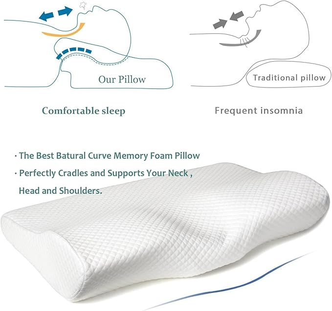 Contour Memory Foam Pillow Orthopedic Sleeping Pillows, Ergonomic Cervical Pillow for Neck Pain - for Side Sleepers, Back and Stomach Sleepers, Free Pillowcase Included ( Soft & Queen Size)
