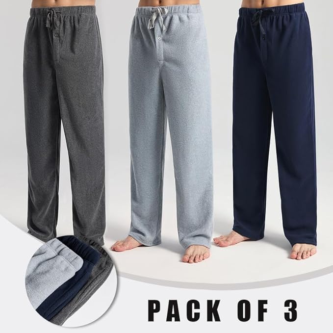 3 Pack Men's Fleece Pajama Pants Bottoms– Lounge Sleepwear Plaid PJs with Pockets and Button Fly