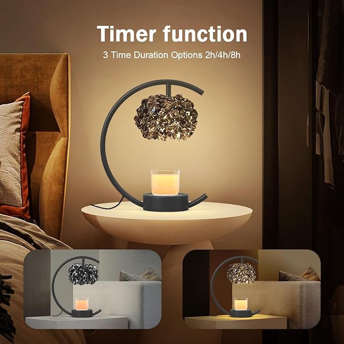 Candle Warmer Lamp for Jar Candles with Adjustable Brightness&Timer,Handcrafted Crystal Candle Lamp Luxurious Design+2Bulbs,Home Decoration Electric Candle Lamp(Black C-Shaped)