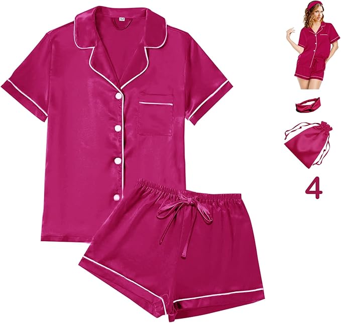 4Pcs Womens Satin Silky Pajama Sets Short Sleeve Shirt XS-4XL Floral Pajamas Set Soft PJ Loungewear Sleepwear