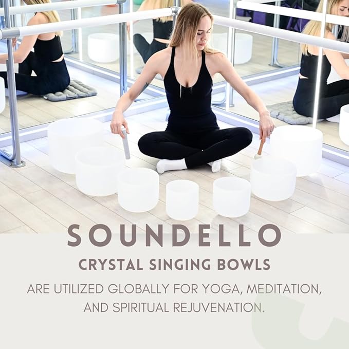 6-12inch White 432hz Quartz Crystal Singing Bowls Set of 7, for Healing Mindfulness Meditation Yoga Sound Baths with Case Mallet Suede Striker