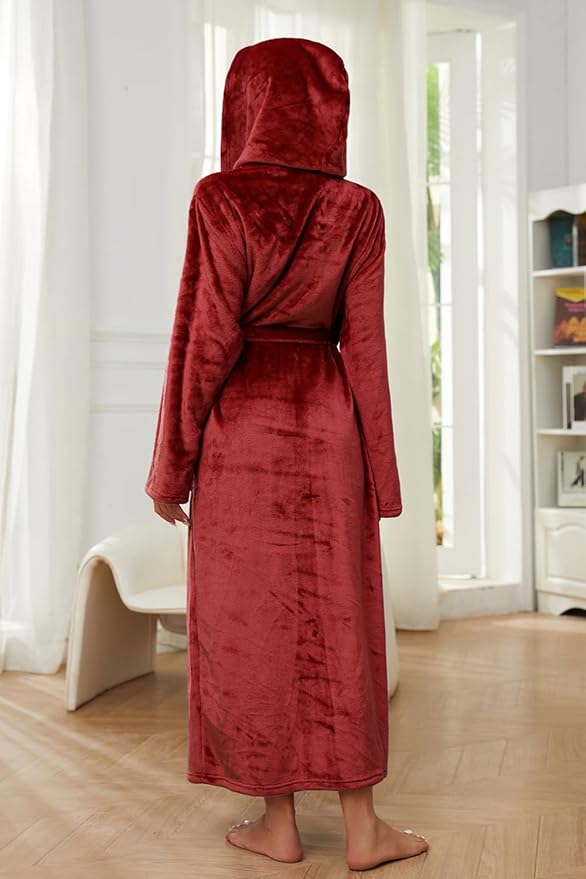 HEARTNICE Womens Long Hooded Robe, Soft Warm Fleece Bathrobes Full Length Plush House Coat