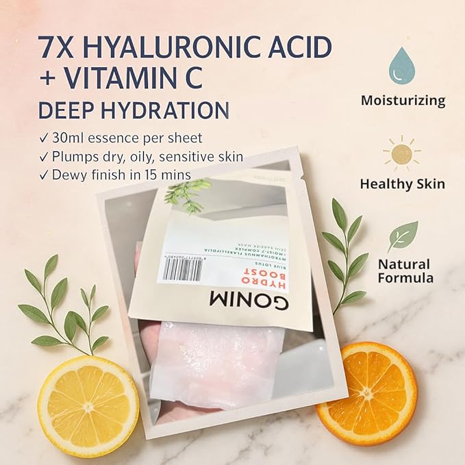 GONIM Face Mask Korean Skin Care with Hyaluronic Acid & Collagen Activation- Face Masks Skincare Hydration, Moisturizing Sheet Mask, Travel Essentials, Korean Face Mask 30ml x10 Sheets