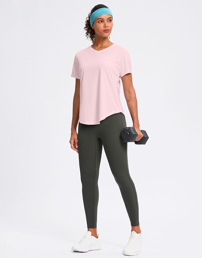 Womens Workout Tops V-Neck Short Sleeve UPF 50+ Sun Shirt Moisture Wicking Quick Dry Top for Gym, Running, Athletic
