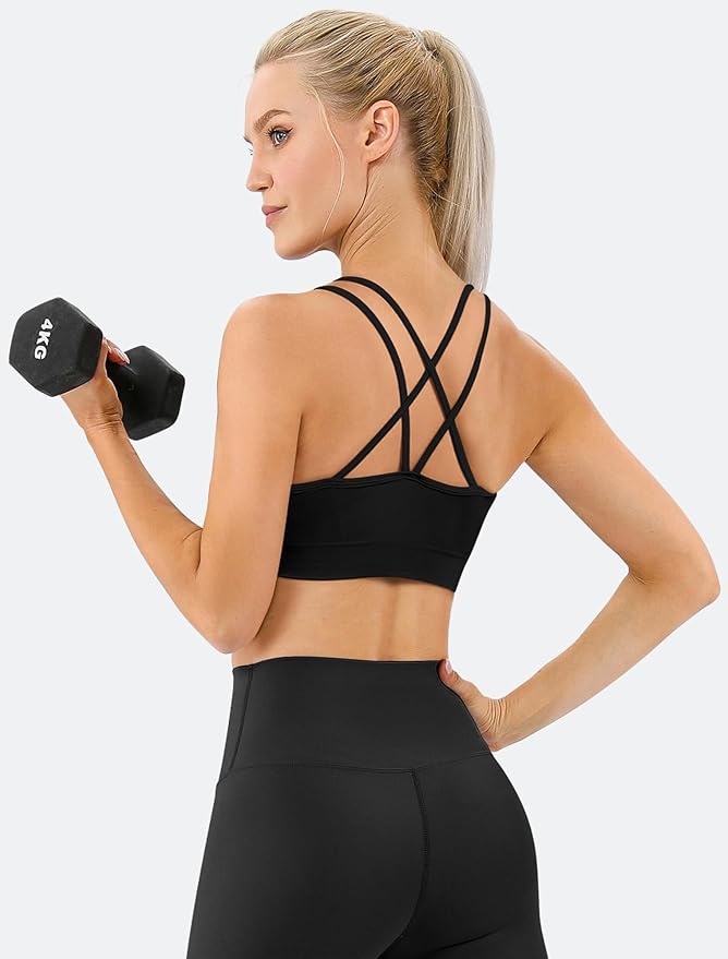 Women's Cross Back Sports Bra Padded Strappy Medium Support Yoga Bra for Workout Fitness 3 Pack