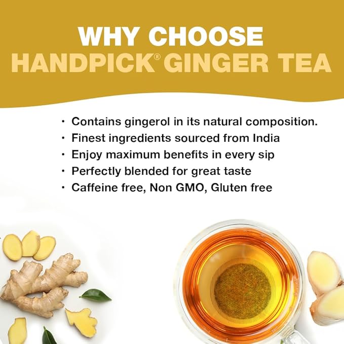 HANDPICK, Organic Ginger Tea Bags (100 Herbal Tea Bags), Authentic Indian Origin, Caffeine Free & 100% Pure Ginger Root |Soothing & Spicy Blend | Round Eco Conscious Teabags