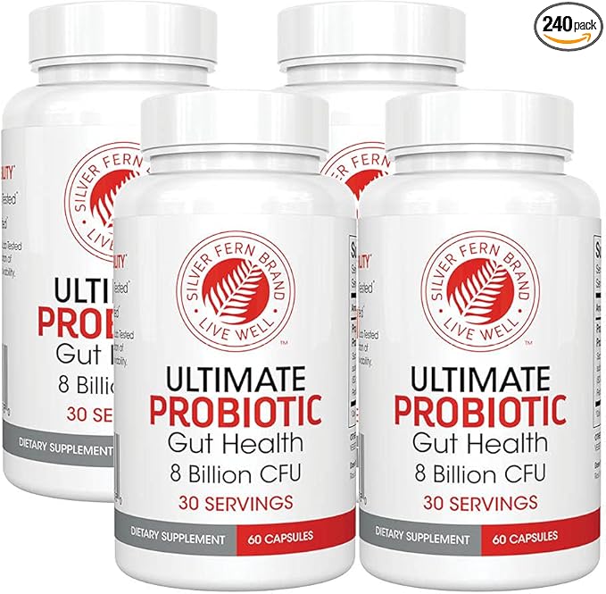 Silver Fern Brand Ultimate Probiotic 4-Pack โ Probiotics for Women & Men โ 8 Billion CFU Spore-Forming Gut Health Supplement โ DNA Verified, Probiotic, Shelf-Stable, High Survivability โ 240 Capsules