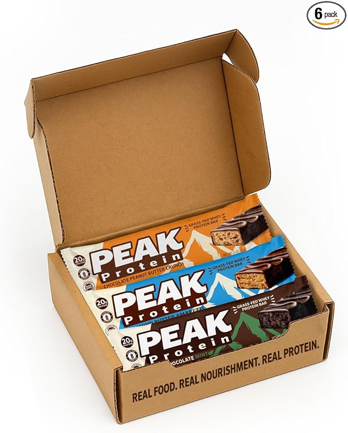 PEAK PROTEIN BARS - Natural - Grass-Fed Whey - 20G Protein - Non-GMO - Gluten Free - 6 Bar Variety Pack