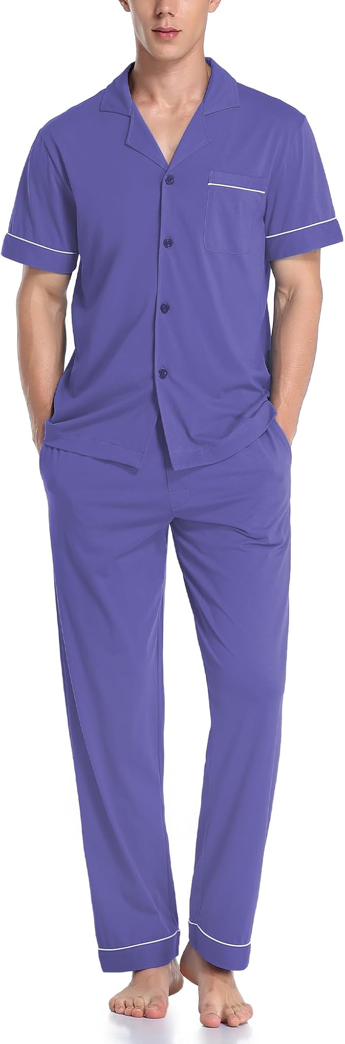 COLORFULLEAF Men's 100% Cotton Pajamas Set Button Down Sleepwear Short Sleeve and Long Pants Pjs