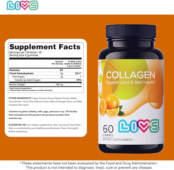 LIVS Collagen Gummies for Women & Men | Multi Collagen Peptides - Hydrolyzed Collagen Peptides | Collagen Powder Alternative for Skin, Hair, Nails & Joints | Gluten Free 100mg Marine Collagen/Dose