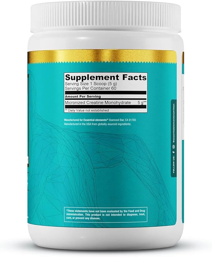 Essential Elements Monohydrate Creatine Powder for Women and Men - Micronized Creatine Instantized - Unflavored Pure Creatine Powder Supplements 120 Servings (2 Pack)