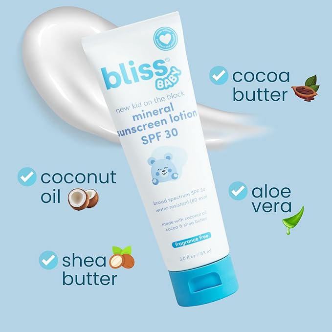 Bliss Baby Sunscreen, Premium SPF 30 Sunscreen Mineral Lotion, Natural Zinc Oxide, Hypoallergenic, Non-toxic, Water-Resistant, Vegan, Sensitive Skin - For Babies, Toddlers, Kids & Whole Family