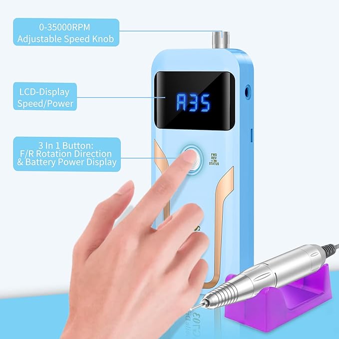 Portable Nail Drill Professional 35000 RPM, MOCOWIND Rechargeable Electric Nail File Machine E File for Acrylic Gel Polishing Removing, Cordless E-File with Bits Kit for Manicure Salon Home, Blue