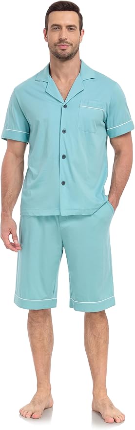 COLORFULLEAF Men's 100% Cotton Short Sleeve Pajama Sets Button Down Notched Collar Sleepwear Soft Lounge Pjs with Pockets