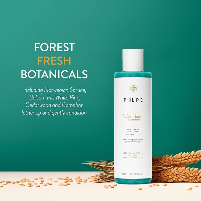 PHILIP B Nordic Wood Hair + Body Shampoo, 11.8 fl. oz. (350 ml) - Lathers Up Luxuriously, Conditions While Leaving You Feeling Cool& Invigorated, With Notes of Norwegian Spruce, White Pine and Camphor