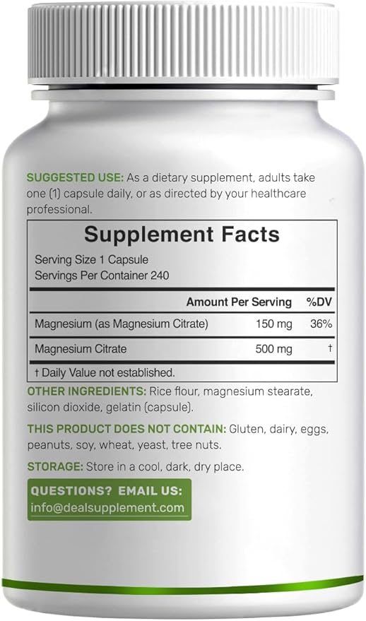 DEAL SUPPLEMENT Magnesium Citrate 500mg, 240 Capsules | Easily Absorbed, Purified Trace Mineral – Muscle, Heart, & Digestive Support – One a Day, Non-GMO