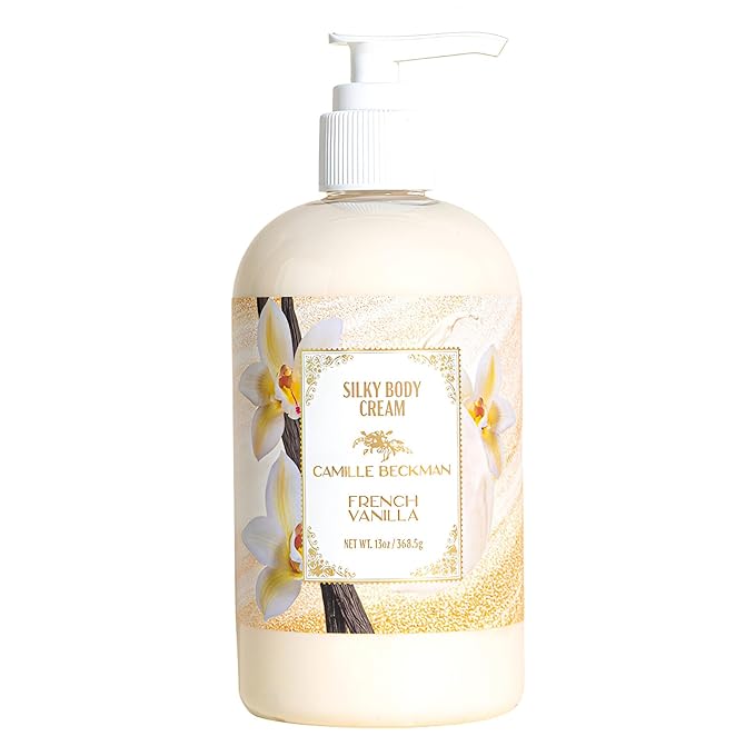 Camille Beckman French Vanilla Scented Silky Body Cream, Daily Moisturizer for All Skin Types | Non-Greasy Vegan Formula to Nourish and Soften Hands and Body, 13 Ounce