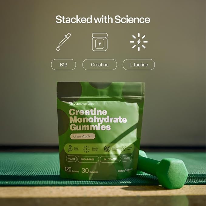 Creatine Gummies 5g Monohydrate + Taurine & B12 - Sugar-Free, Vegan, Gluten-Free - Green Apple - 120 Count (30 Servings) for Strength, Energy & Focus