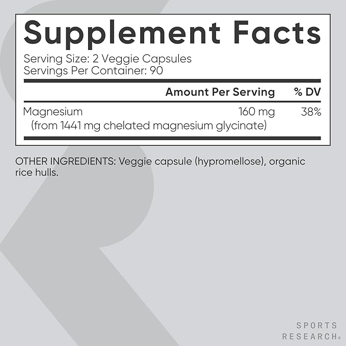 Sports Research® Magnesium Glycinate - Supports Restful Sleep & Enzymatic Processes - 160 mg Chelated Magnesium - Vegan Capsule - 180 Count