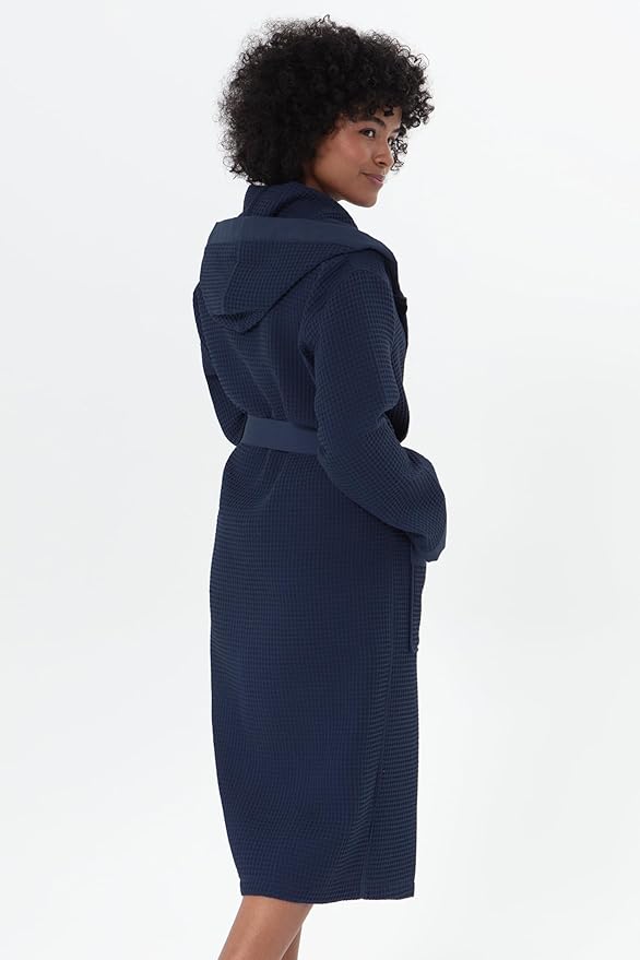 SEYANTE Womenโs Luxury Waffle Shawl Collar, Hooded Robe w Piping โ Lightweight, Long, Ultra Soft Spa Sleepwear Bathrobe