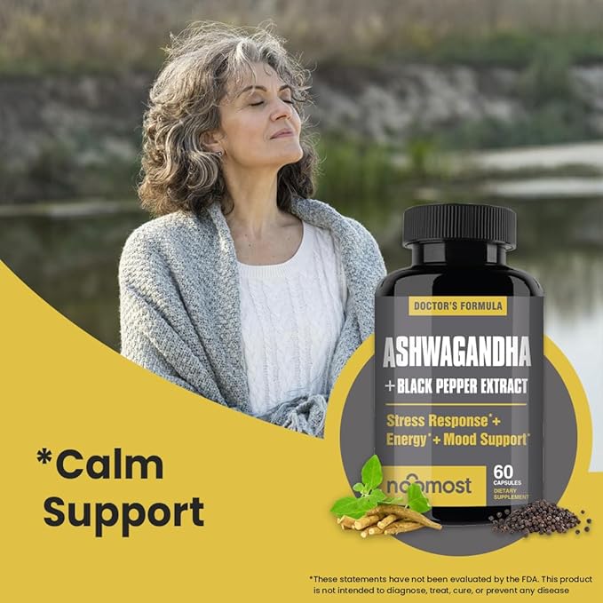 NooMost Organic Ashwagandha Capsules w/Black Pepper Extract as Vegan Ashwagandha Supplements for Anti Stress Relief, Natural Mood Support, Energy & Focus-60 Capsules