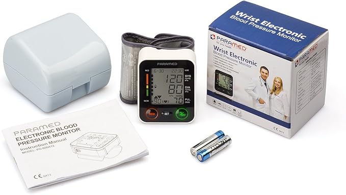 PARAMED Automatic Wrist Blood Pressure Monitor: Blood-Pressure Kit of Bp Cuff + 2AAA and Carrying case - Irregular Heartbeat Detector & 90 Readings Memory Function & Large Display