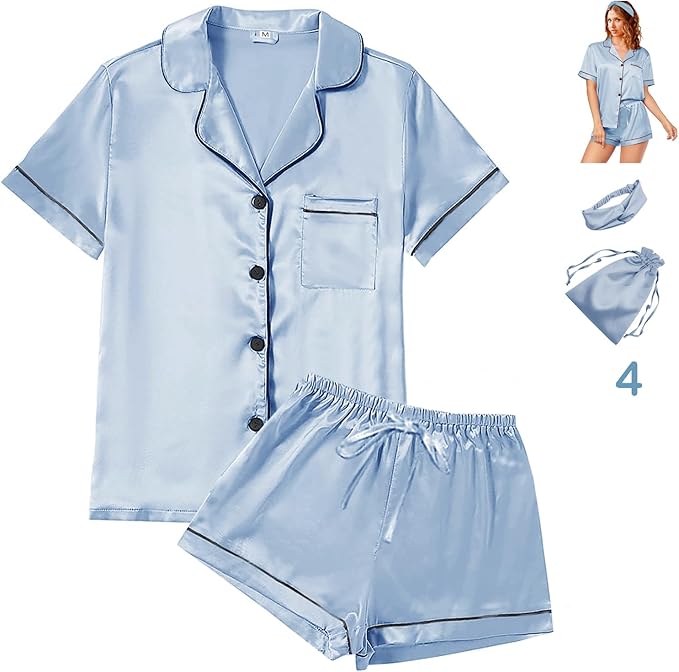 4Pcs Womens Satin Silky Pajama Sets Short Sleeve Shirt XS-4XL Floral Pajamas Set Soft PJ Loungewear Sleepwear