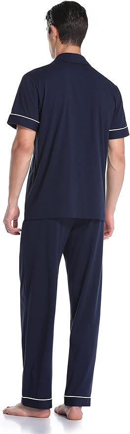 COLORFULLEAF Men's 100% Cotton Pajamas Set Button Down Sleepwear Short Sleeve and Long Pants Pjs