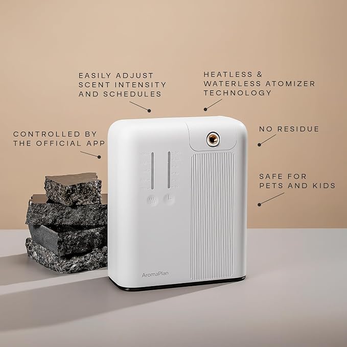 AromaPlan 2025 Waterless, Cold Air HVAC Scent Diffuser Whole House & Commercial Diffuser (Includes 2 Fragrances & 12 Set Sample kit) - Smart Scent Diffuser- Touch & App, 2000 Sq. Ft Cov. (White)