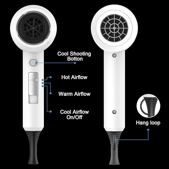 Slopehill Professional Ionic Hair Dryer, Powerful 1800W Fast Drying Low Noise Blow Dryer with 2 Concentrator Nozzle 1 Diffuser Attachments for Home Salon Travel (White)