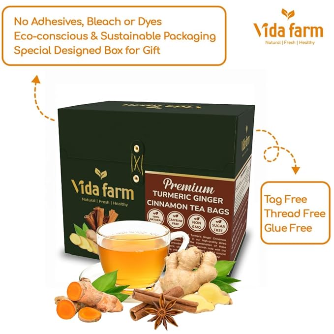 VIDA FARM 50 Turmeric Ginger Cinnamon Tea Bags, 100% Natural Ginger Cinnamon Turmeric Tea, Te De Curcuma Jengibre Herbal Tea, Sugar Free, Caffeine Free, Gluten Free