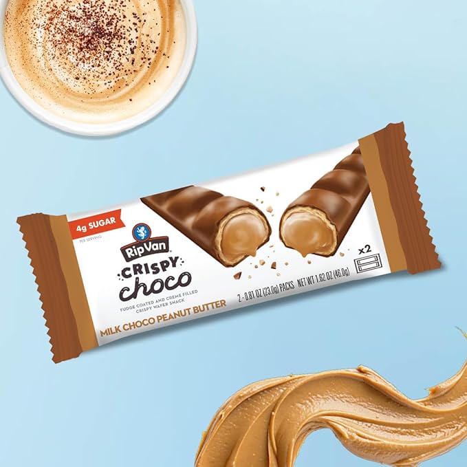 Rip Van Crispy Choco - Chocolate Coated Peanut Butter Wafer Bars - Low Sugar Fudge and Peanut Butter Cream Filled Snack - 12 Pack