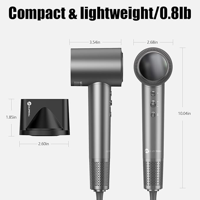 slopehill 160,000 RPM Professional Hair Dryer - 0.8lb Ultra-Lightweight, 6 Billion Ion Technology for 98% Frizz Reduction, AI Smart-Temp Control, Magnetic Attachments for All Hair Types (Dark Grey)