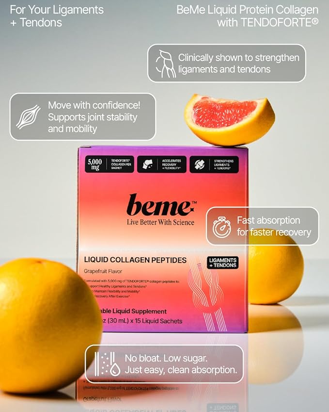 BeMe Tendon and Ligament Supplements - 5,000mg TENDOFORTE Collagen Peptides for Tendon Repair Supplement and Ligament Repair - 15 Liquid Grapefruit Sachets