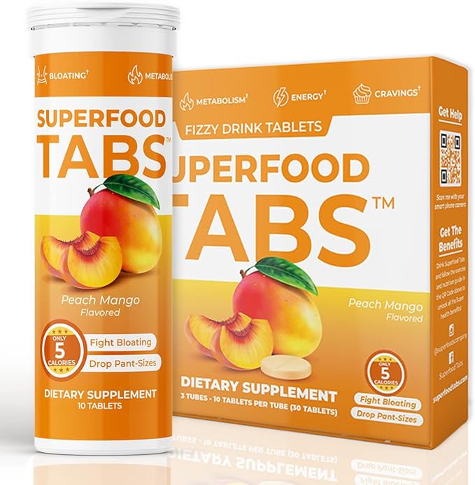 Superfood Tabs skinnytabs Anti-Bloat Cleanse Drink with 15 Superfoods | Supports Digestion, Energy & Cravings | Vegan, Non-GMO | 30 Effervescent Tabs – Peach Mango Flavor
