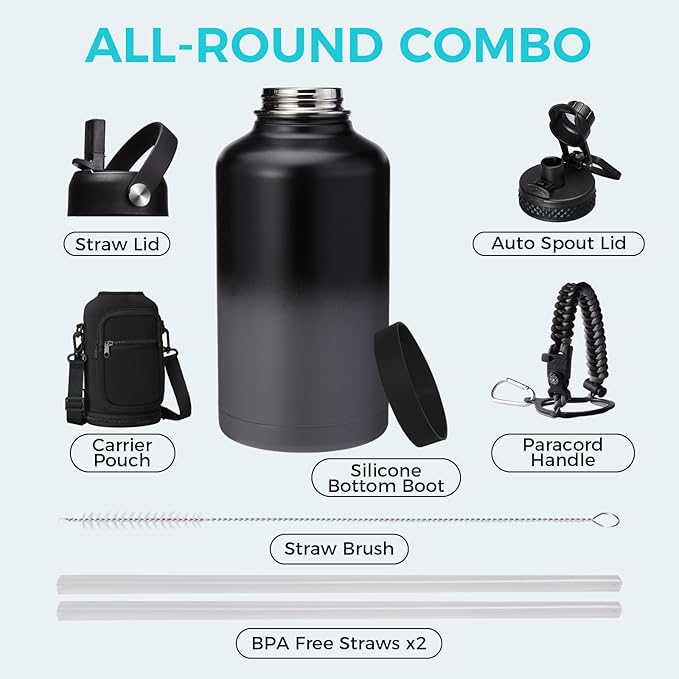 64OZ Insulated Sports Water Bottle - Large Half Gallon Stainless Steel Flask Water Bottles 64 oz, Leak Proof, Double Walled, BPA Free, Sweat-Proof Water Jug with Straw, Keep Cold-48H & Hot-24H