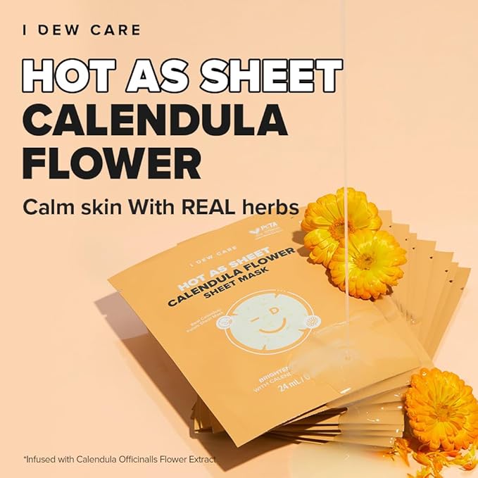 I DEW CARE Calendula Sheet Face Mask - Korean Skincare for Hydrating and Calming Skin | Face Masks with Calendula Extract & Niacinamide, Moisturizing Korean Skin Care, Sheet Masks for Women, 10EA