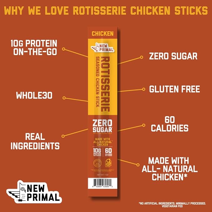 New Primal Rotisserie Chicken Sticks, Zero Sugar High Protein Snack, Gluten Free Whole30 Healthy Snacks, Keto and Paleo Friendly, Jerky Meat Stick, 10g Protein, 20 Ct