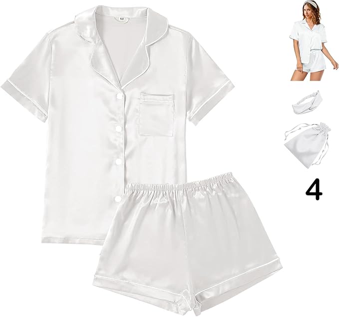 4Pcs Womens Satin Silky Pajama Sets Short Sleeve Shirt XS-4XL Floral Pajamas Set Soft PJ Loungewear Sleepwear