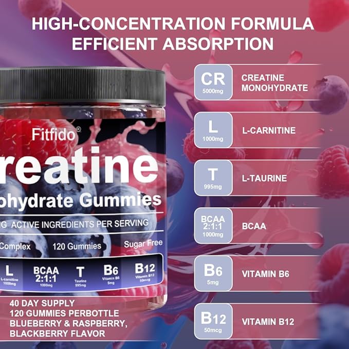 Creatine Monohydrate Gummies Complex 8000mg for Men and Women, Containing L-carnitine & Taurine, Build Muscle, Boost Energy, Faster Recovery, Sugar Free & Vegan, Raspberry & Blackberry, 120 Count