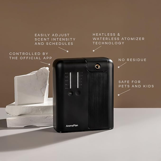AromaPlan 2025 Waterless, Cold Air HVAC Scent Diffuser Whole House & Commercial Diffuser (Includes 2 Fragrances & 12 Set Sample kit) - Smart Scent Diffuser- Touch & App, 2000 Sq. Ft Cov. (Black)