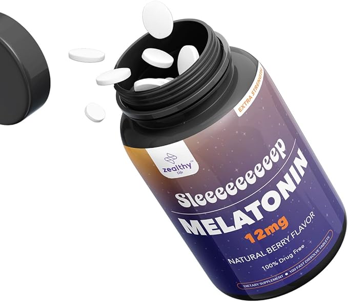 Melatonin 12mg Fast Dissolve Tablets – Natural Berry Flavor, 100 Count – Extra Strength Sleep Support for Adults – Non-Habit Forming, 100-Day Supply