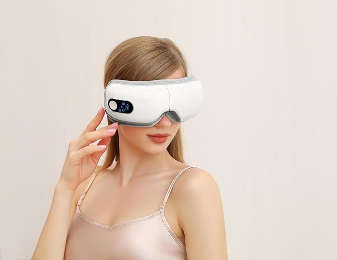 Eye Massager with Airbag Kneading,Constant Temperature Hot Compress, Multi-Frequency Vibration and Bluetooth Music (Pearl White, Large)